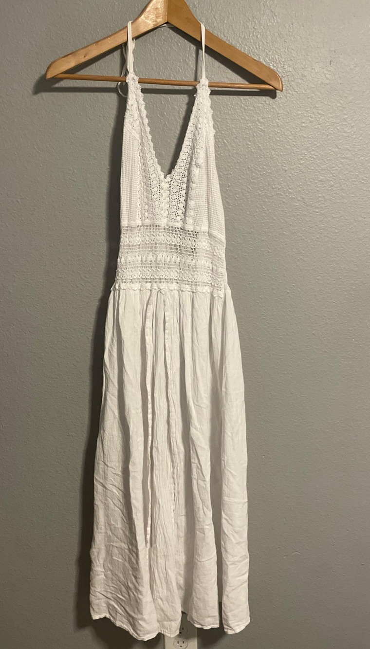 Sea Spice Maxi Dress Womens Large White Cotton Crochet Halter Smocked Boho Beach